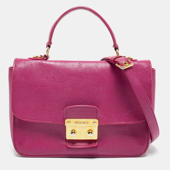 MIU MIU Dark Pink Madras Leather Pushlock Flap Top Handle Bag